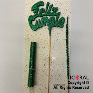 ADORNO DE TORTA SET FELIZ CUMPLE CON BENGALA Y VELA GIBRE VERDE x 1